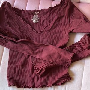Free People Deep Red Ribbed Long Sleeve Blouse